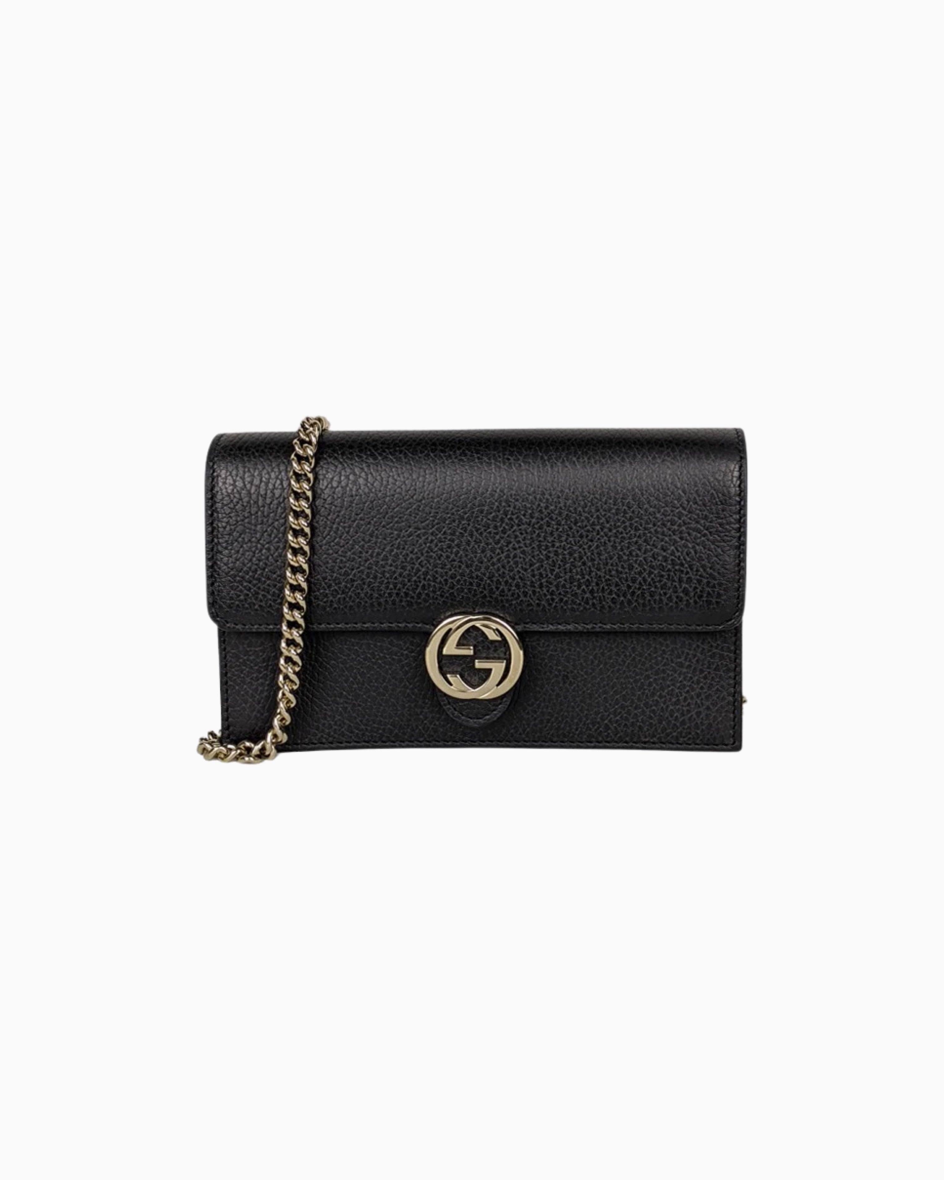 Gucci Black Leather Interlocking GG Wallet On Chain